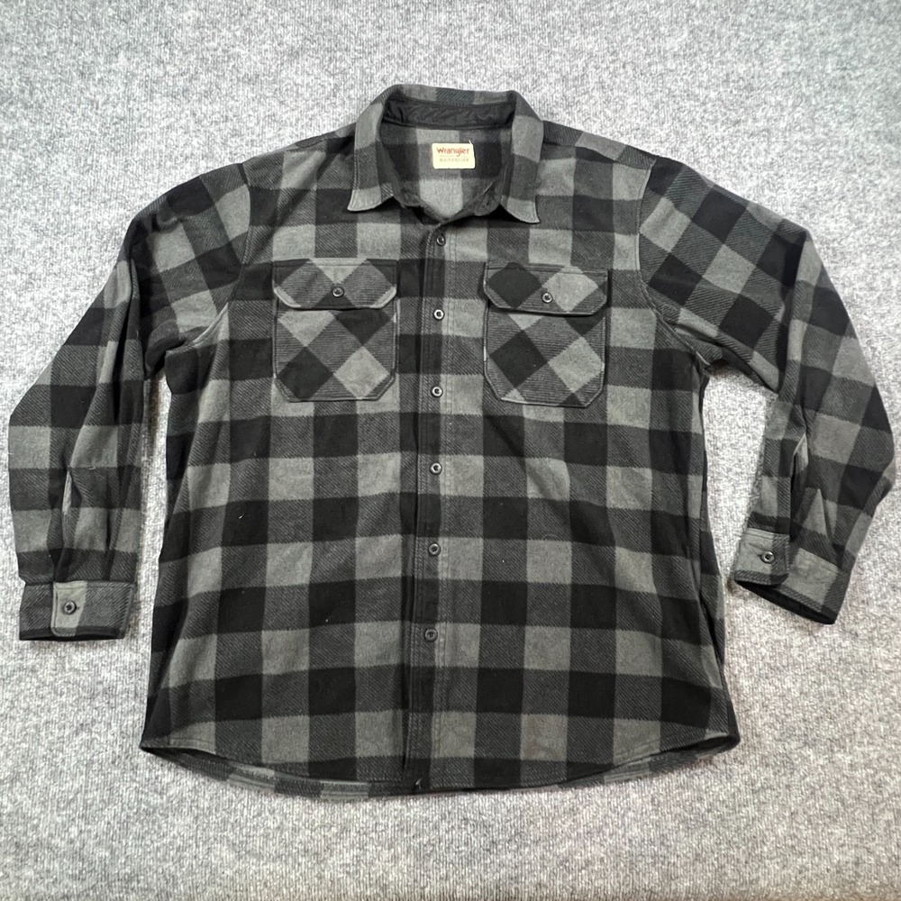 Wrangler Authentics Heavyweight Fleece Shirt Mens XL Gray Black Plaid Button Up